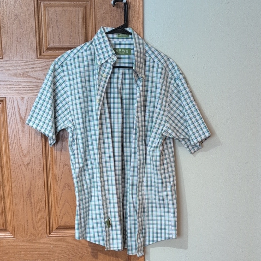 Orvis Men's Blue and White Checkered Shirt